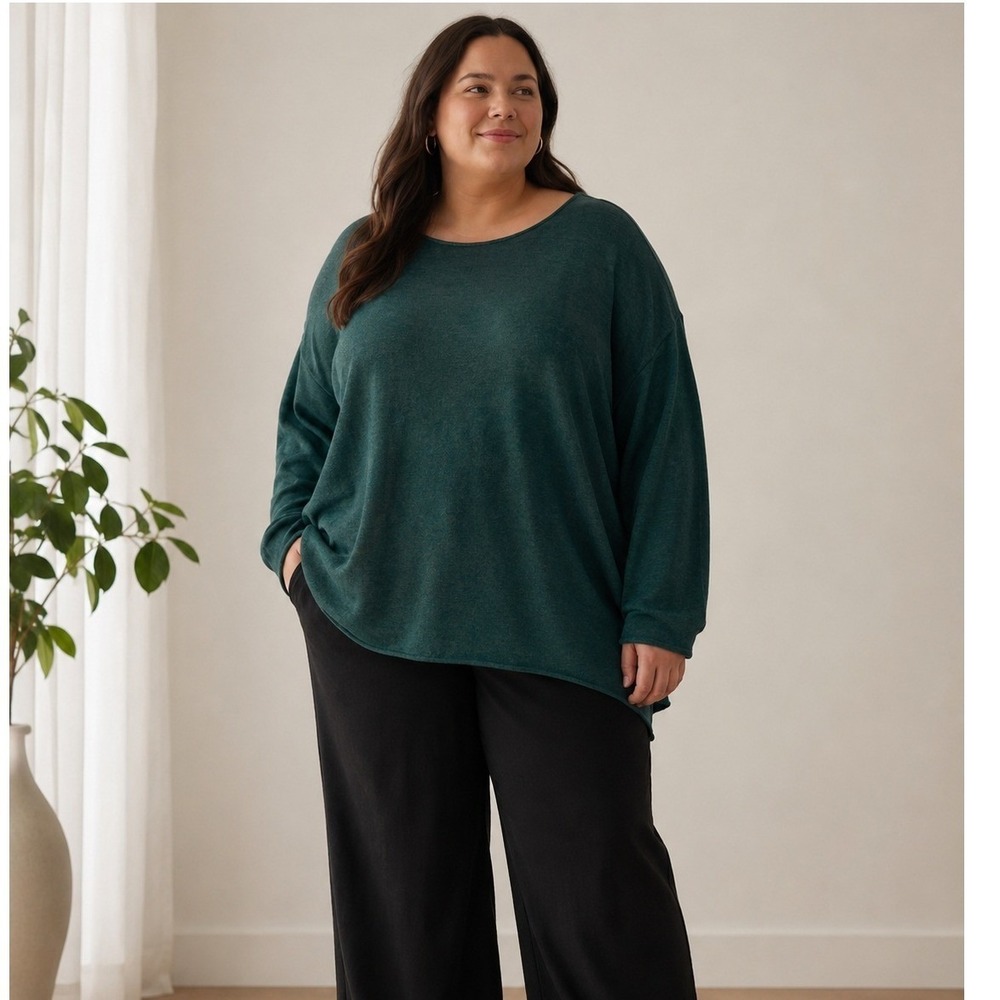 Eileen Fisher 2X Extra Fine Merino Wool Box Top Sweater Green Oversized Knit